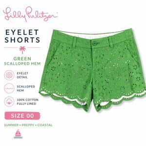 Lilly Pulitzer Eyelet Shorts Green Scalloped Hem Cotton Lined Size 00